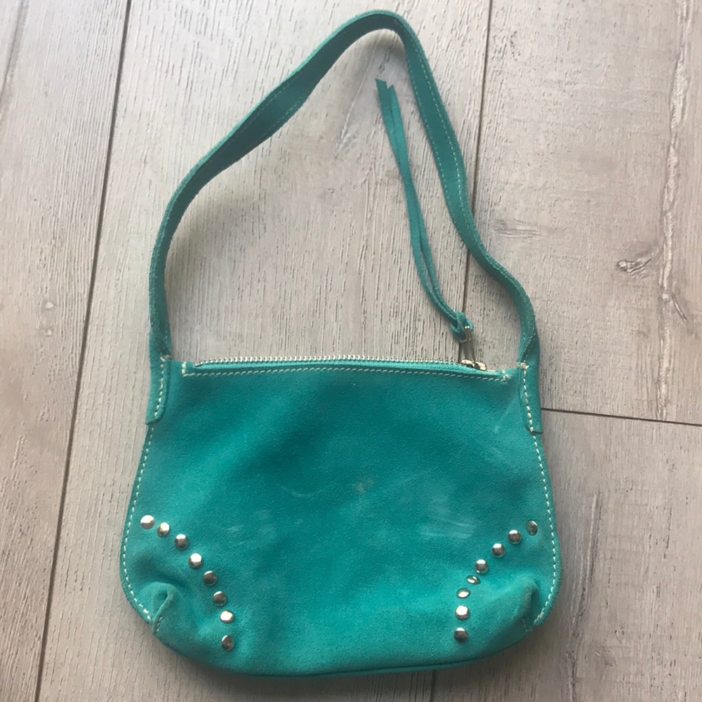 Roots torqouise suede mini purse studded 6” - Picture 1 of 5